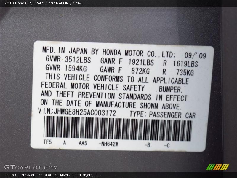 Storm Silver Metallic / Gray 2010 Honda Fit