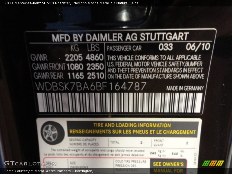 2011 SL 550 Roadster designo Mocha Metallic Color Code 033