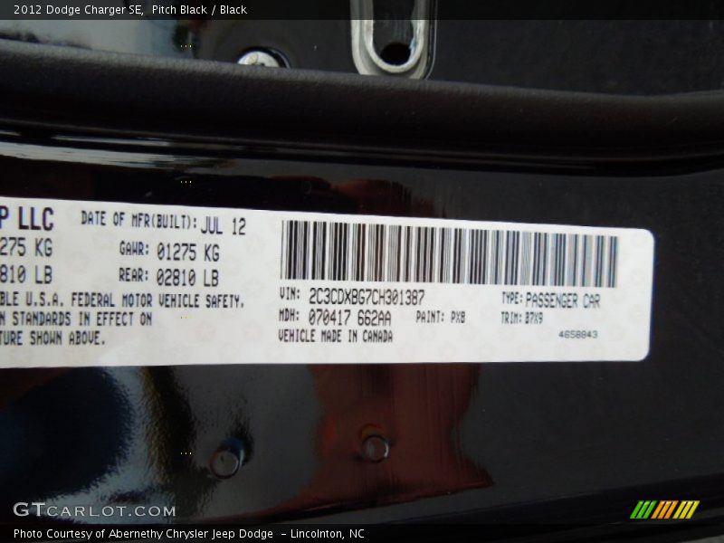 Pitch Black / Black 2012 Dodge Charger SE