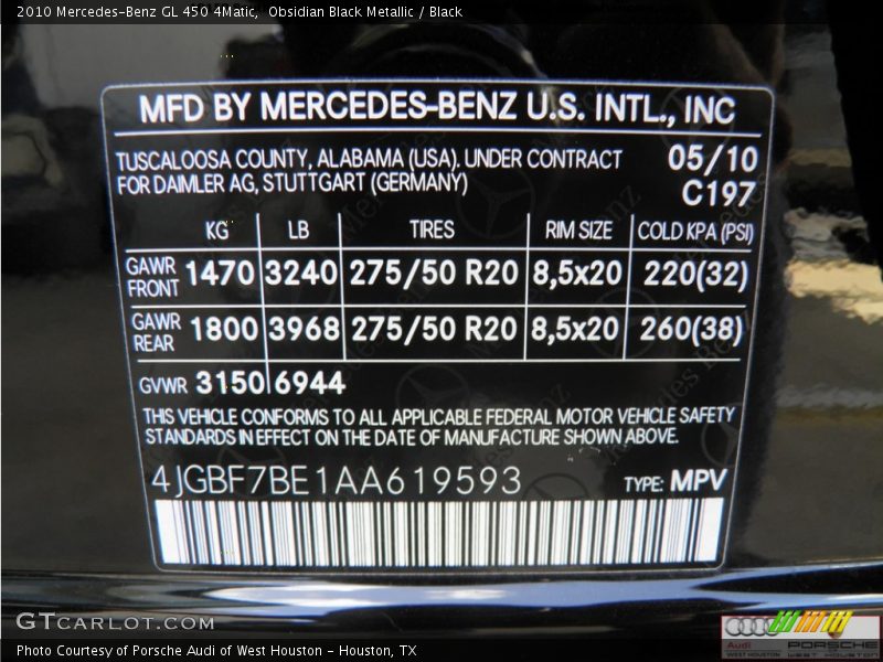 Obsidian Black Metallic / Black 2010 Mercedes-Benz GL 450 4Matic