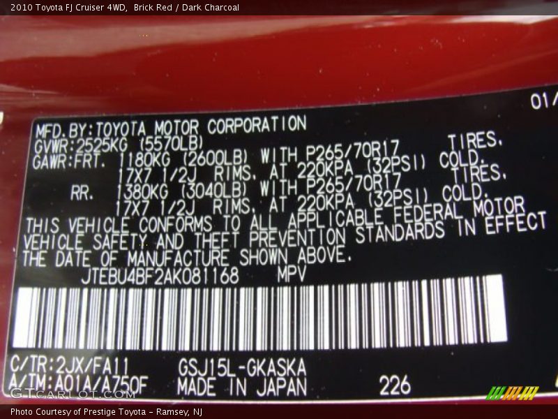 Brick Red / Dark Charcoal 2010 Toyota FJ Cruiser 4WD