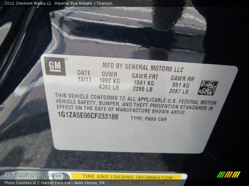 Imperial Blue Metallic / Titanium 2012 Chevrolet Malibu LS