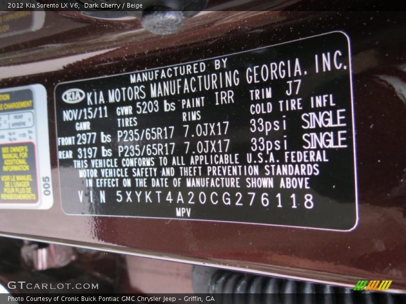 Dark Cherry / Beige 2012 Kia Sorento LX V6