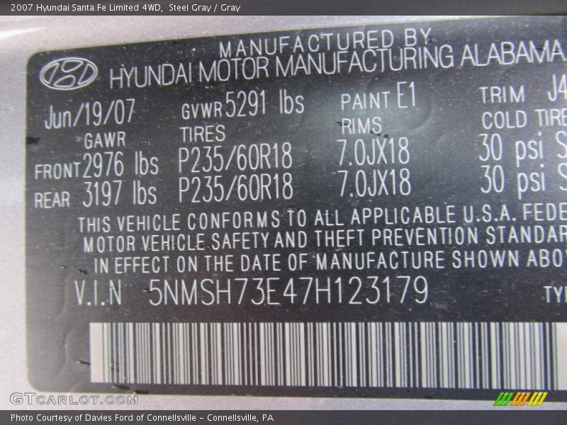 Steel Gray / Gray 2007 Hyundai Santa Fe Limited 4WD