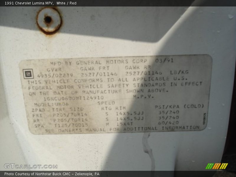 Info Tag of 1991 Lumina MPV