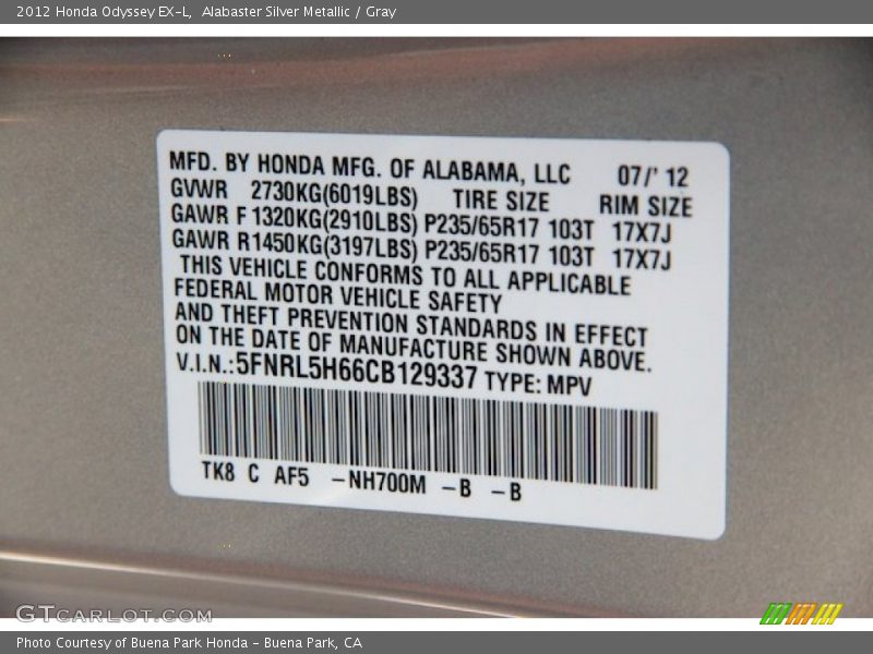 Alabaster Silver Metallic / Gray 2012 Honda Odyssey EX-L
