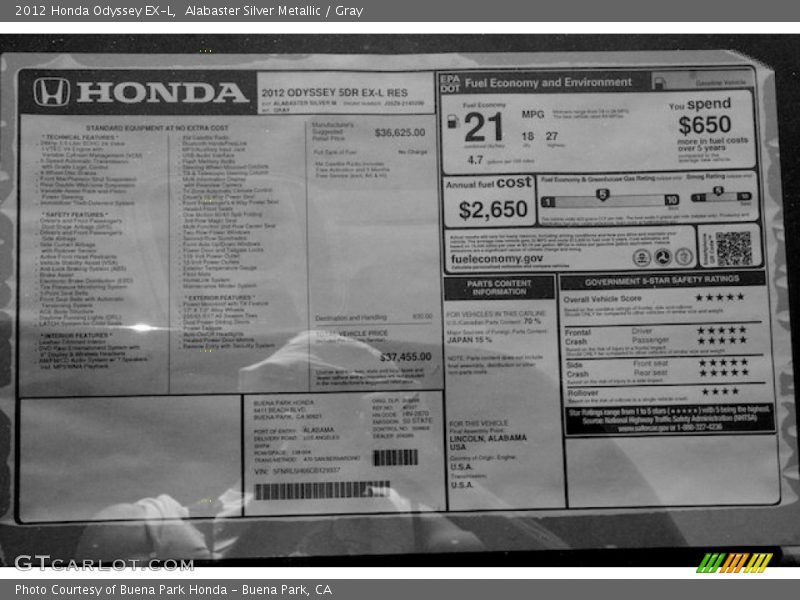 Alabaster Silver Metallic / Gray 2012 Honda Odyssey EX-L