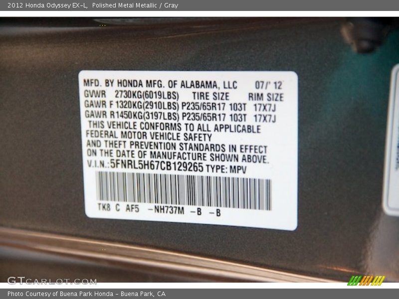 Polished Metal Metallic / Gray 2012 Honda Odyssey EX-L