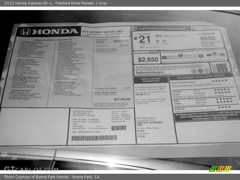Polished Metal Metallic / Gray 2012 Honda Odyssey EX-L