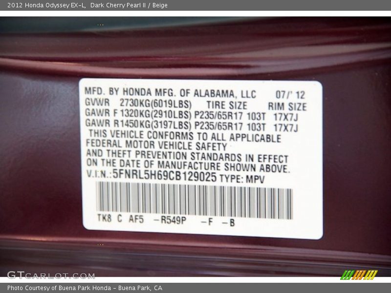 Dark Cherry Pearl II / Beige 2012 Honda Odyssey EX-L