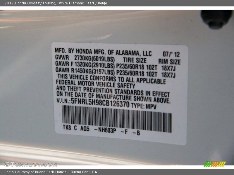 White Diamond Pearl / Beige 2012 Honda Odyssey Touring