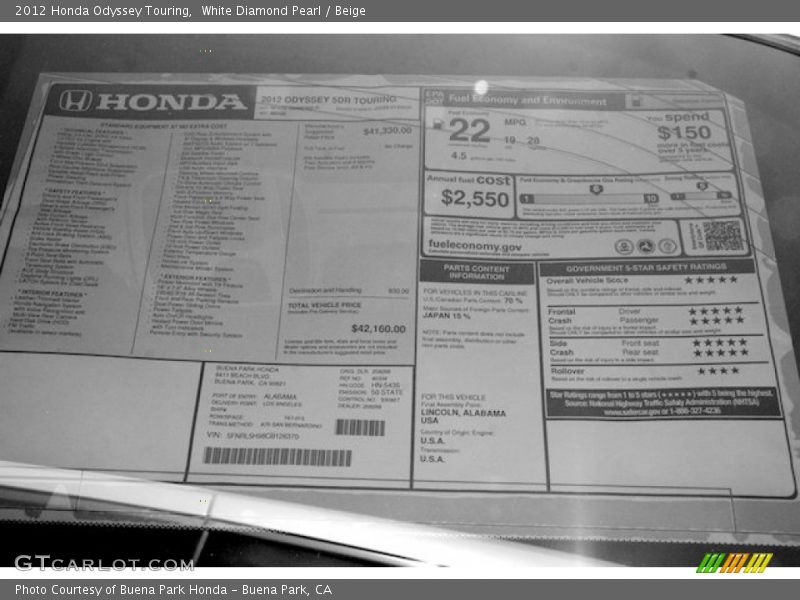 White Diamond Pearl / Beige 2012 Honda Odyssey Touring