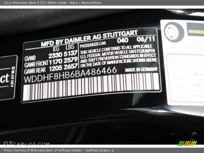 Black / Almond/Black 2011 Mercedes-Benz E 350 4Matic Sedan