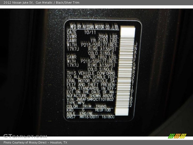 Gun Metallic / Black/Silver Trim 2012 Nissan Juke SV