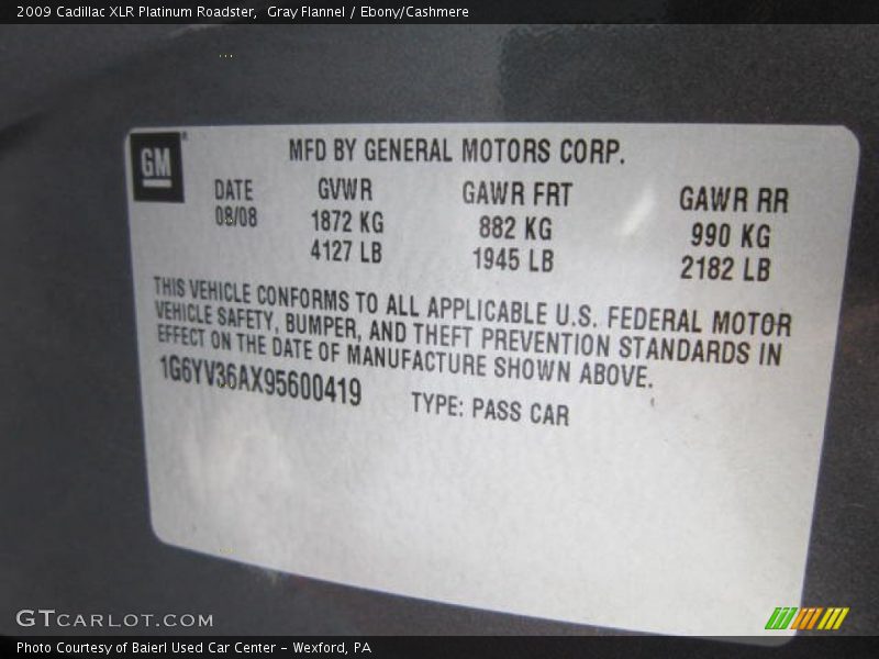 Info Tag of 2009 XLR Platinum Roadster