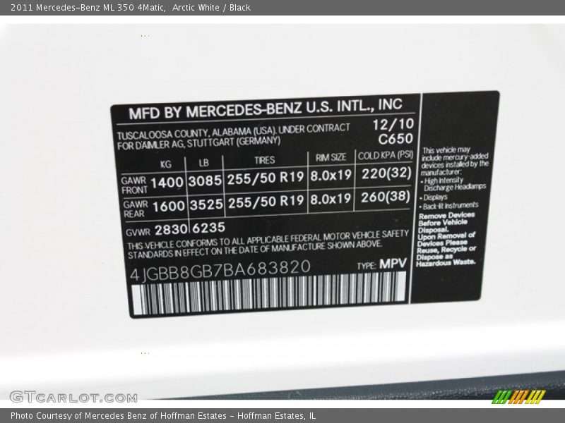 Arctic White / Black 2011 Mercedes-Benz ML 350 4Matic