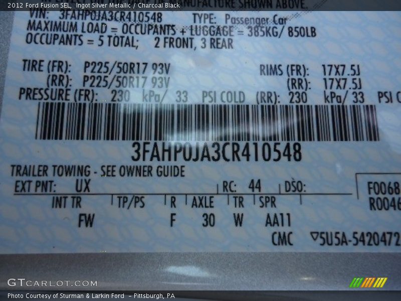 Ingot Silver Metallic / Charcoal Black 2012 Ford Fusion SEL
