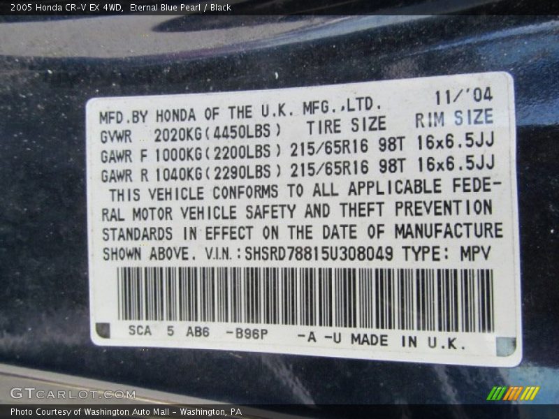 Eternal Blue Pearl / Black 2005 Honda CR-V EX 4WD