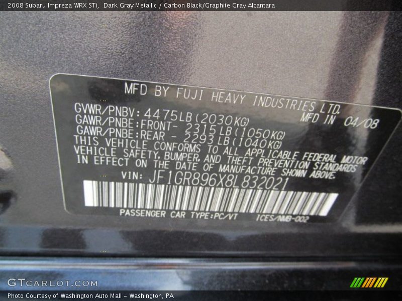 Dark Gray Metallic / Carbon Black/Graphite Gray Alcantara 2008 Subaru Impreza WRX STi