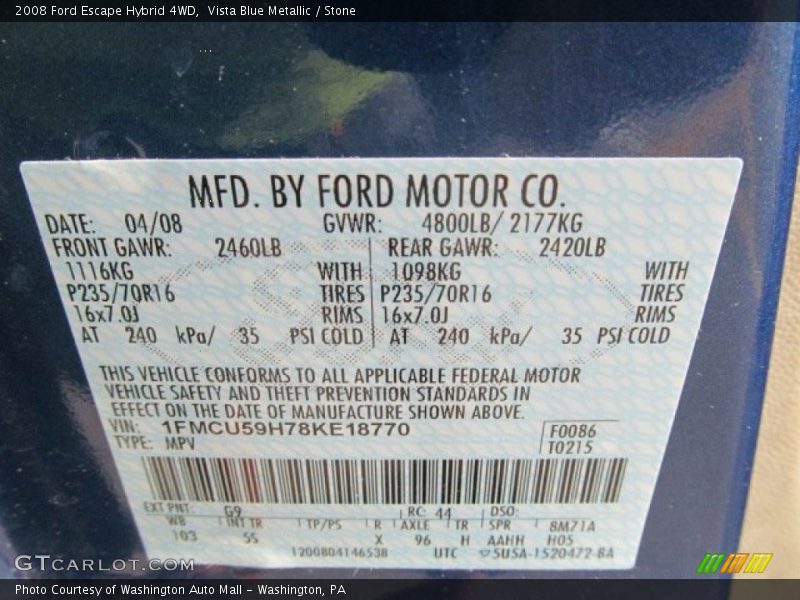 2008 Escape Hybrid 4WD Vista Blue Metallic Color Code G9