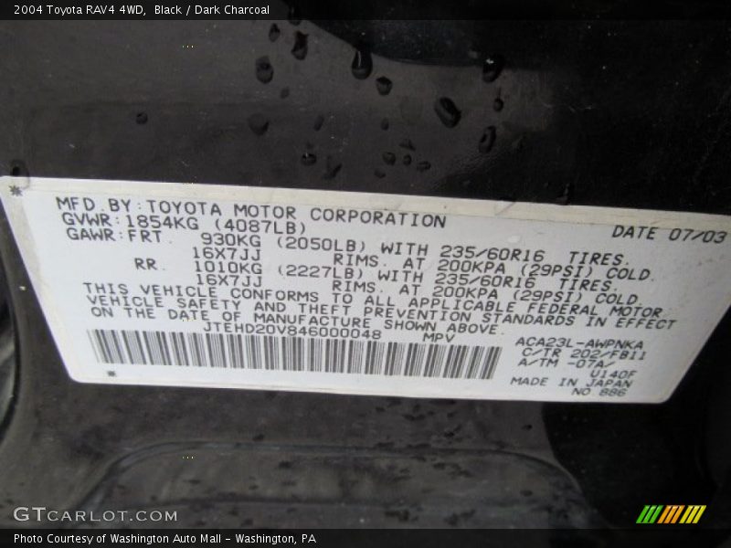 Black / Dark Charcoal 2004 Toyota RAV4 4WD