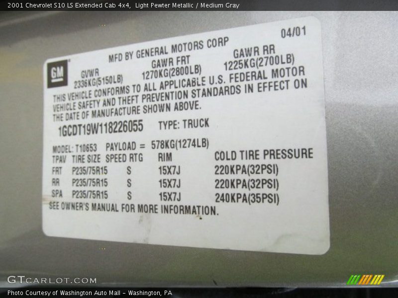 Light Pewter Metallic / Medium Gray 2001 Chevrolet S10 LS Extended Cab 4x4
