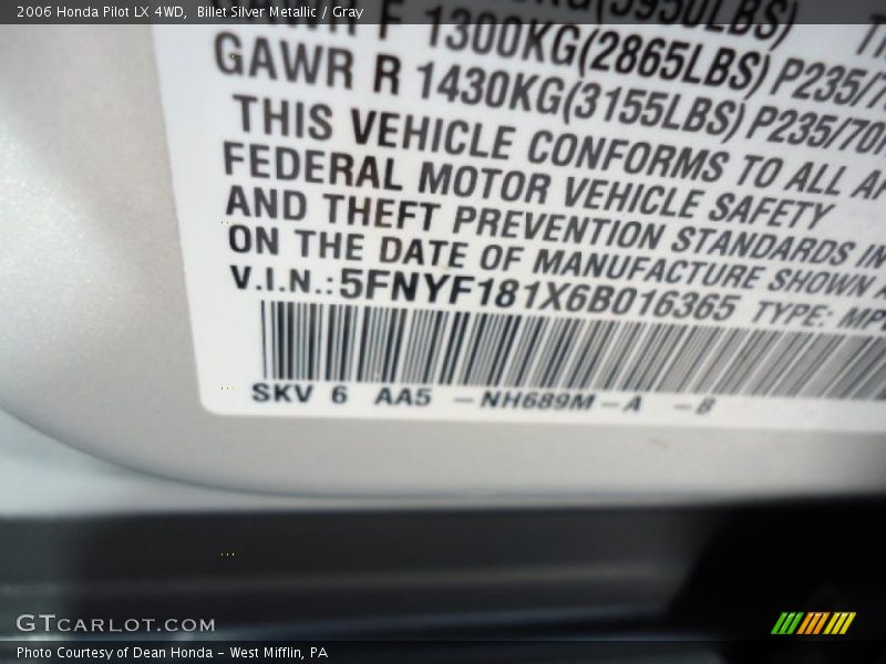 Billet Silver Metallic / Gray 2006 Honda Pilot LX 4WD