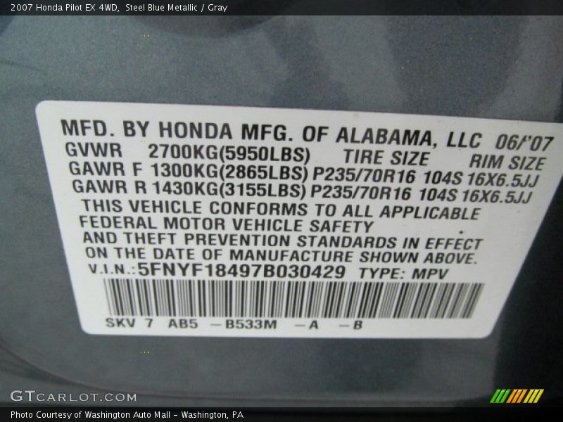 Steel Blue Metallic / Gray 2007 Honda Pilot EX 4WD