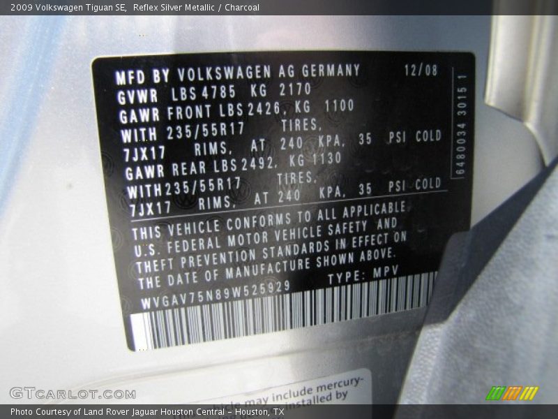 Reflex Silver Metallic / Charcoal 2009 Volkswagen Tiguan SE