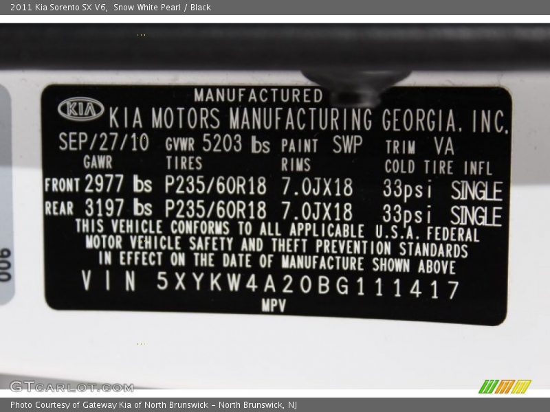 Snow White Pearl / Black 2011 Kia Sorento SX V6