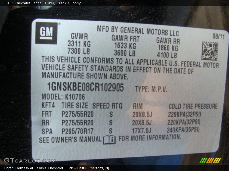 Black / Ebony 2012 Chevrolet Tahoe LT 4x4