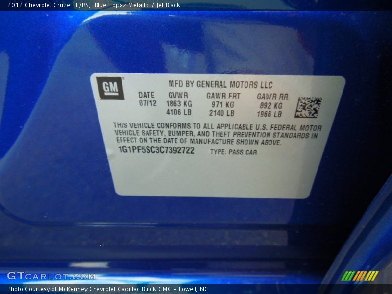 Blue Topaz Metallic / Jet Black 2012 Chevrolet Cruze LT/RS