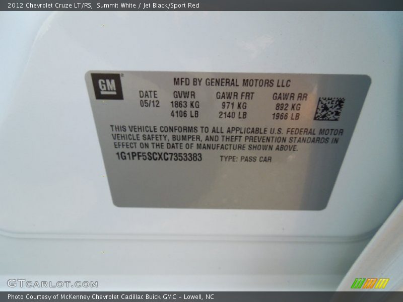 Summit White / Jet Black/Sport Red 2012 Chevrolet Cruze LT/RS