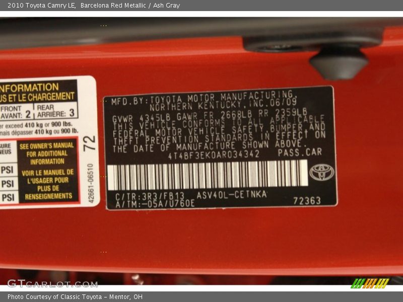 Barcelona Red Metallic / Ash Gray 2010 Toyota Camry LE