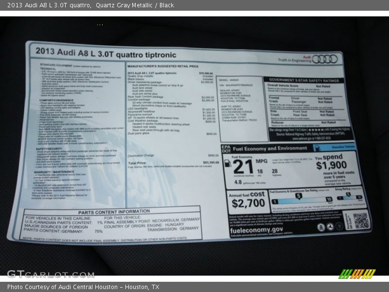  2013 A8 L 3.0T quattro Window Sticker