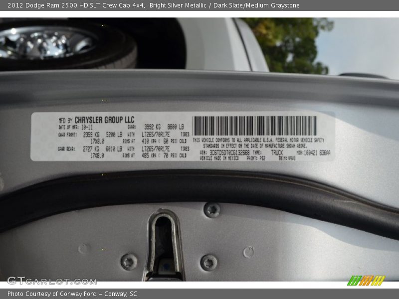 Bright Silver Metallic / Dark Slate/Medium Graystone 2012 Dodge Ram 2500 HD SLT Crew Cab 4x4
