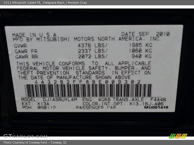 2011 Galant FE Kalapana Black Color Code X13