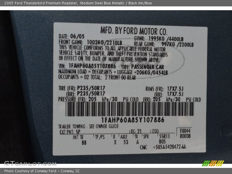 2005 Thunderbird Premium Roadster Medium Steel Blue Metallic Color Code SP