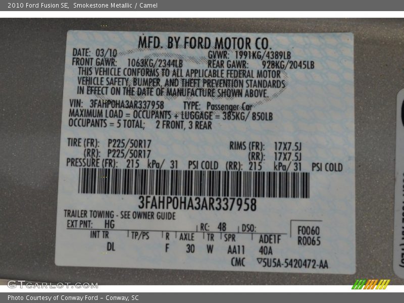 2010 Fusion SE Smokestone Metallic Color Code HG