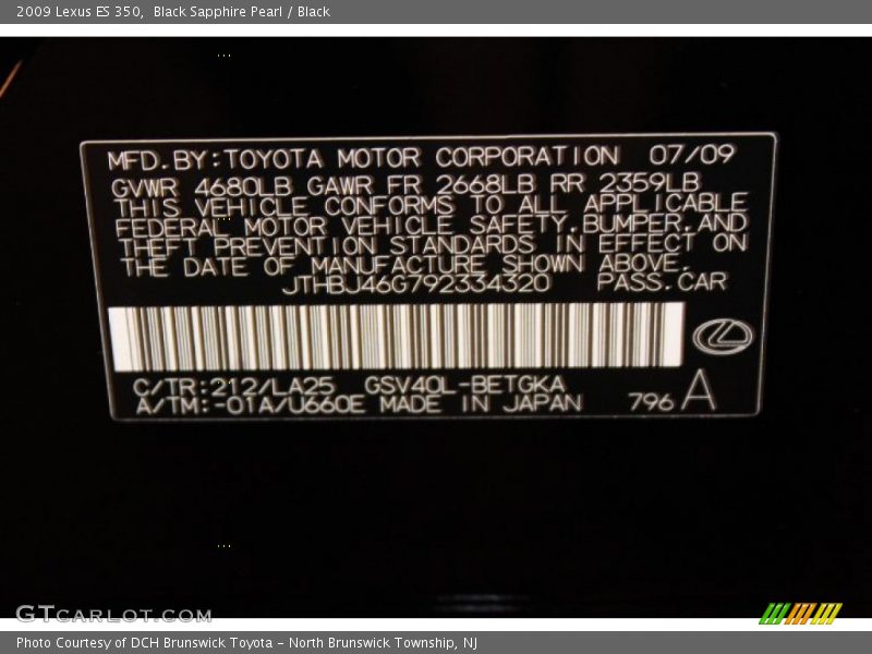 Black Sapphire Pearl / Black 2009 Lexus ES 350