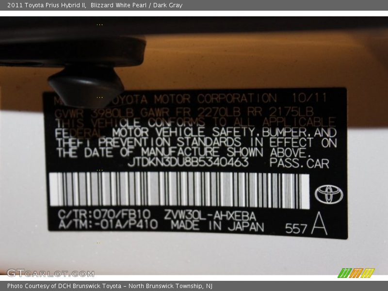 2011 Prius Hybrid II Blizzard White Pearl Color Code 070