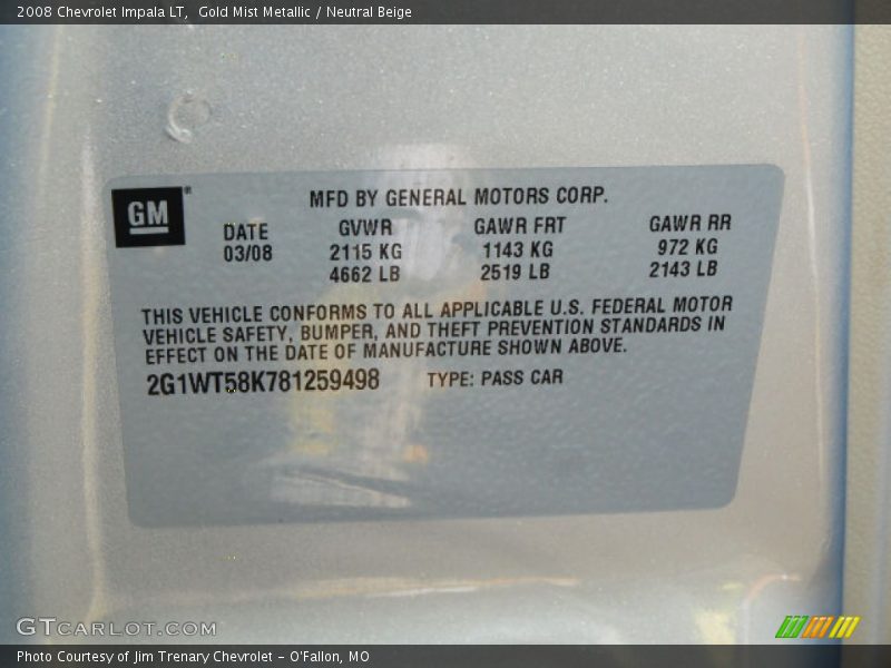 Gold Mist Metallic / Neutral Beige 2008 Chevrolet Impala LT