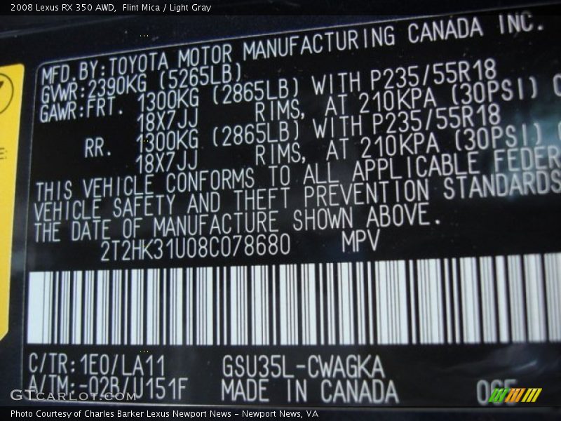 Flint Mica / Light Gray 2008 Lexus RX 350 AWD