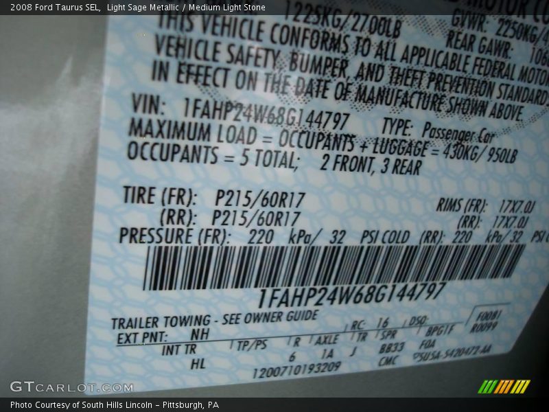2008 Taurus SEL Light Sage Metallic Color Code NH