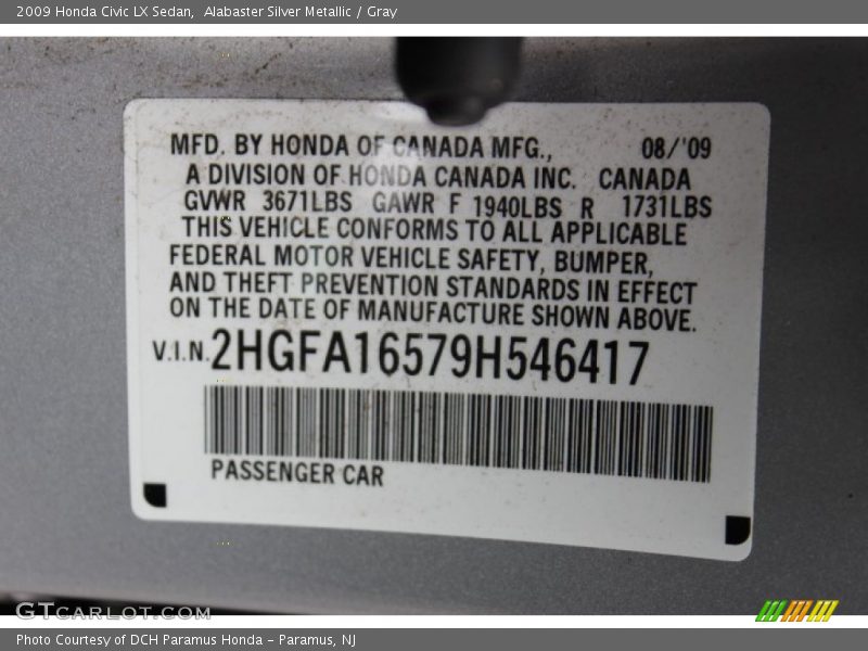 Alabaster Silver Metallic / Gray 2009 Honda Civic LX Sedan
