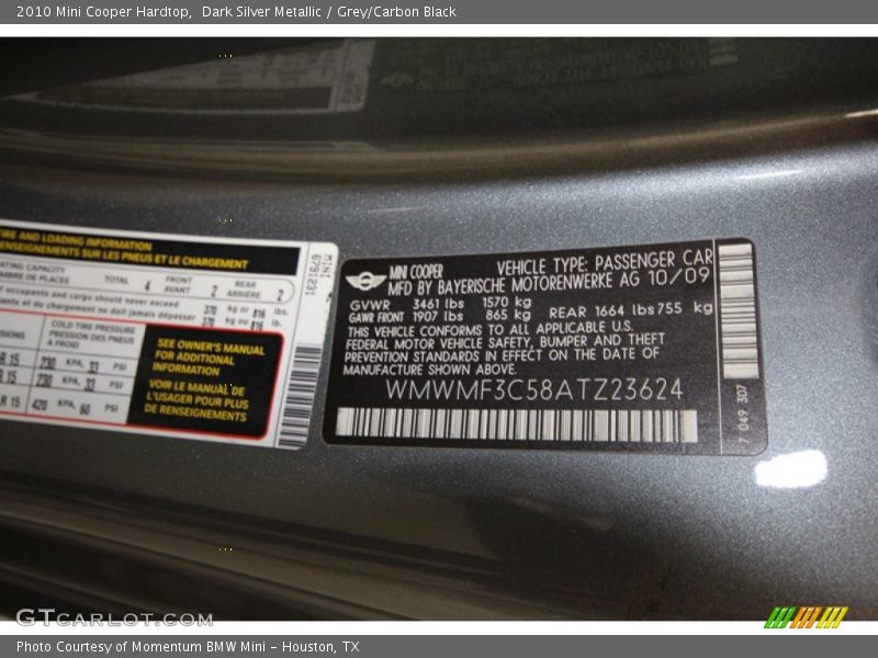 Dark Silver Metallic / Grey/Carbon Black 2010 Mini Cooper Hardtop