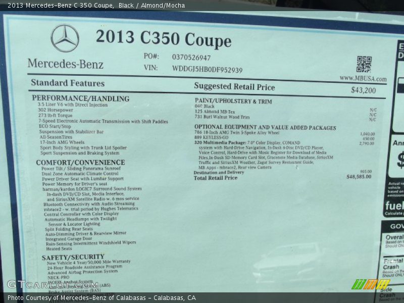  2013 C 350 Coupe Window Sticker