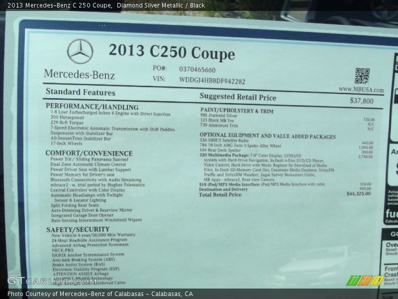  2013 C 250 Coupe Window Sticker