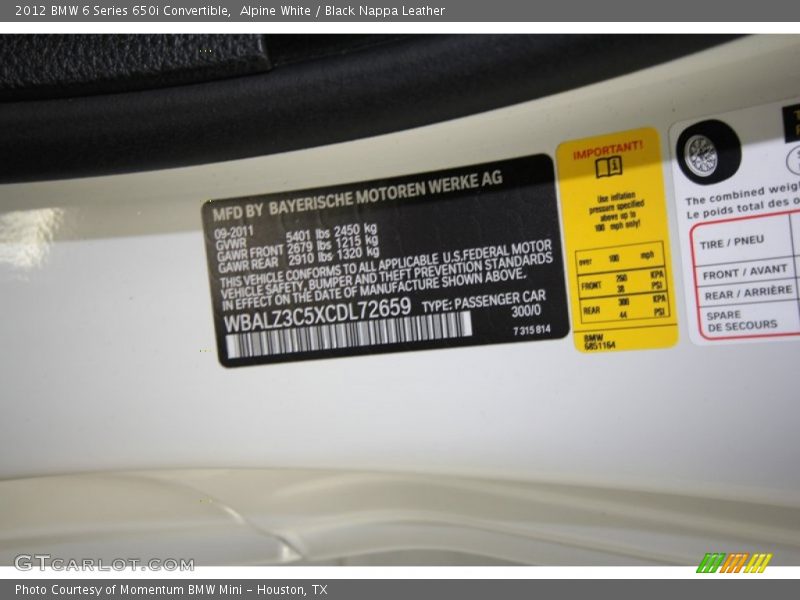 Alpine White / Black Nappa Leather 2012 BMW 6 Series 650i Convertible