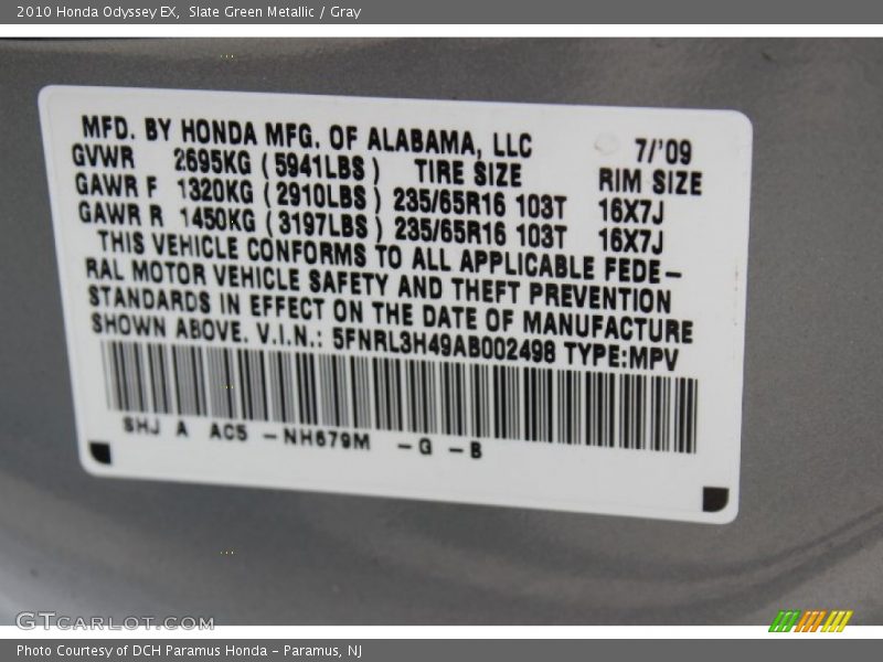 Slate Green Metallic / Gray 2010 Honda Odyssey EX